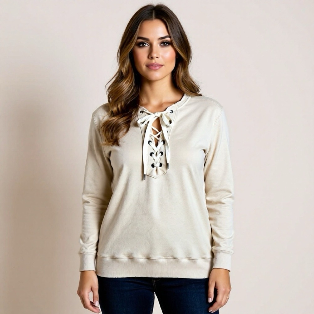 Aerie Soft Sweater Beige Tie Front Size Small Oversized Sweatshirt Distressed